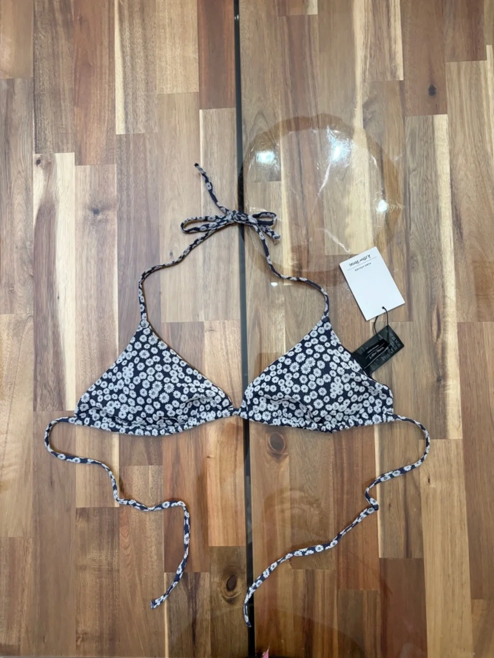 Sz 8 & Other Stories Navy & White Floral Triangle Bikini Top Halter Adjustable